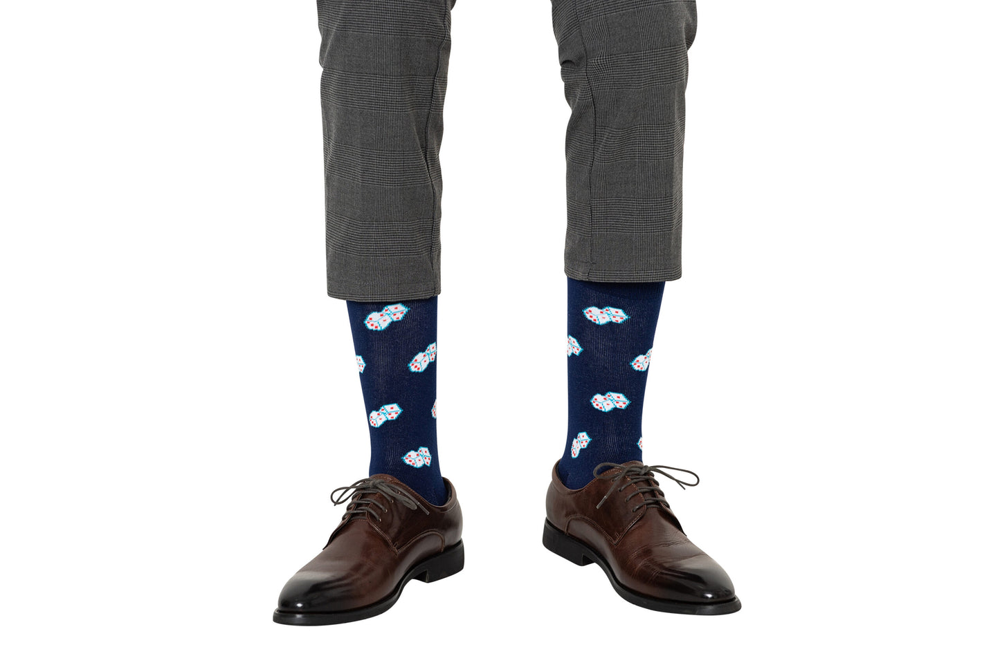 A person in dark brown dress shoes, gray plaid pants, and Dice Socks – Lucky Gift for Game Lovers with a colorful pattern stands on a white background—a stylish pick for game lovers.