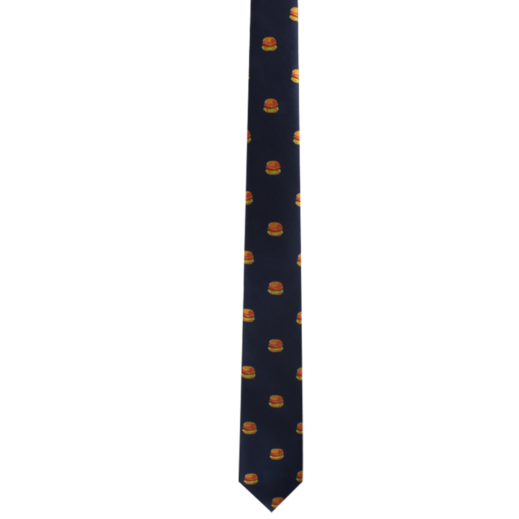 The Diner Style Necktie, showcasing a pattern of small hamburger designs, makes a universally adored style statement.