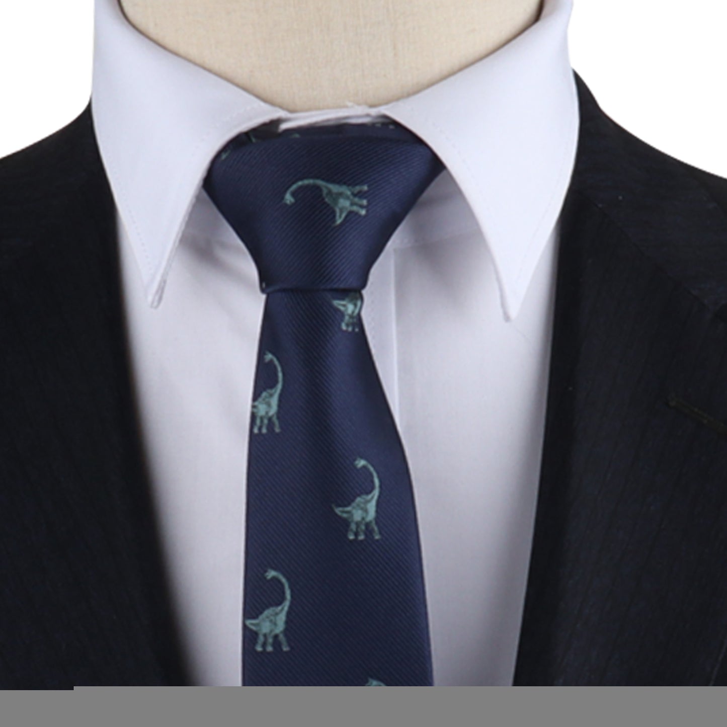 A mannequin wearing a Dino Pattern Necktie, showcasing dino elegance.
