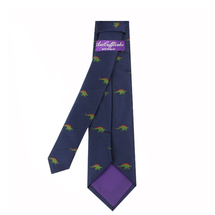 A Dinsaur Print Accessory with a navy blue dinosaur pattern and a purple inner lining, blending prehistoric allure with modern elegance.