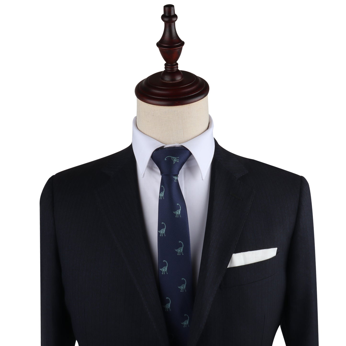 A black suit with a Dinosaur Skinny Tie on a mannequin dummy that exudes dino elegance.
