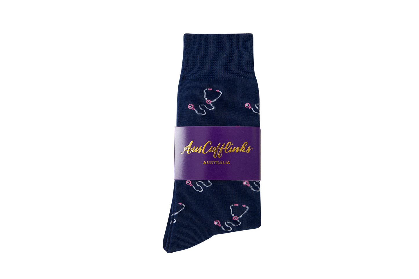 Stethoscope Socks in navy blue with a medical-themed pattern, folded neatly and finished with a purple "AustCufflinks AUSTRALIA" label.
