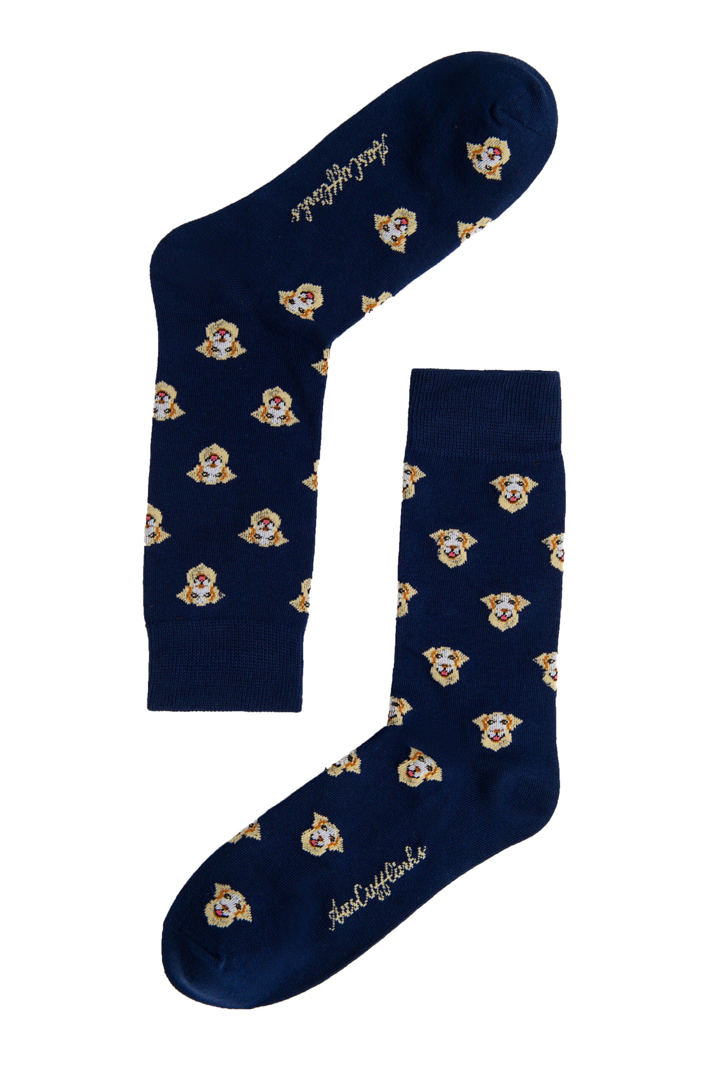 Labrador Dog Socks in navy blue, showcasing a vibrant repeating clown face pattern and cursive text by the toes.