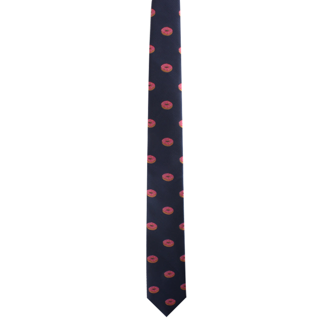 Navy Donut Lover Tie with a delectable pink donut pattern.