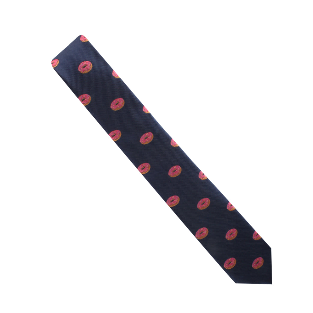Doughnut Skinny Tie with pink and red circular patterns on a white background, perfect for adding style to any ensemble.