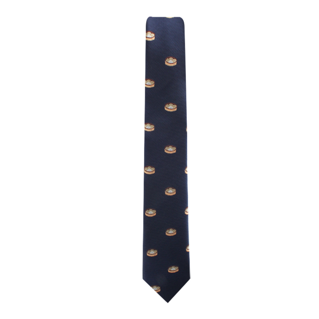 A navy blue tie with a repeating pattern of small images depicting dumplings, exuding timeless elegance and culinary inspiration.