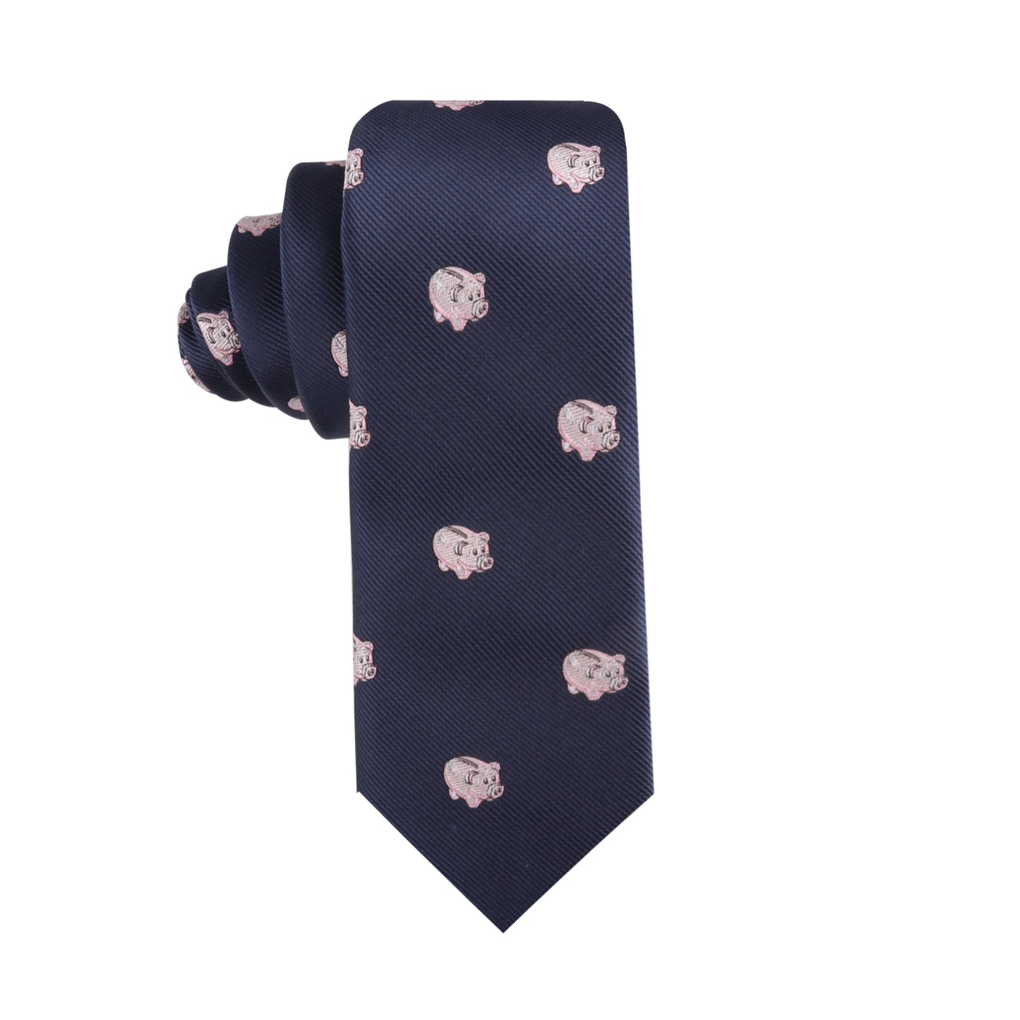 A Economy Skinny Tie adorned with small pink pig illustrations is rolled and displayed against a white background, making it a standout piece for those looking to invest in sophistication.