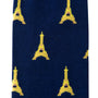 Close-up of Eiffel Tower Socks made from blue fabric with a repeating yellow Eiffel Tower pattern, ideal for Paris-themed or novelty styles.