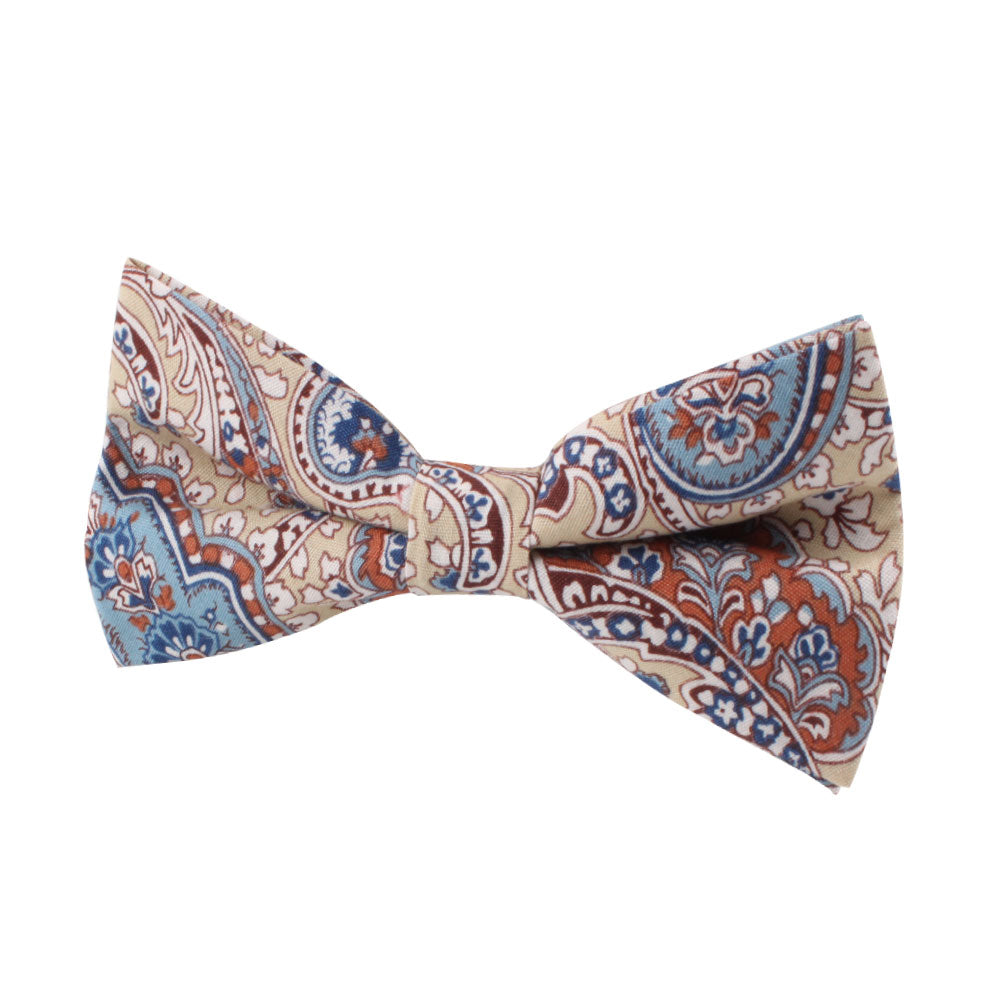 The Blue Latte Brown Paisley Bow Tie, featuring a blend of beige, blue, and orange tones, adds a touch of style.