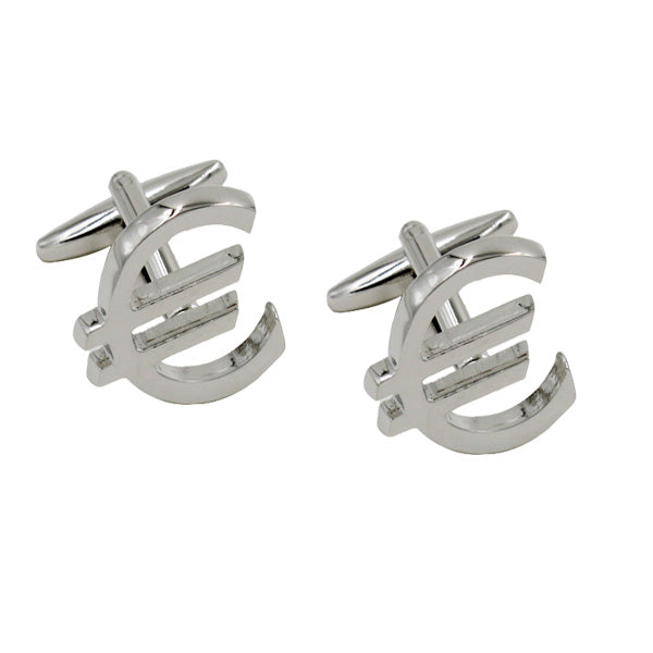The Euro Cufflinks, in polished silver and shaped like currency symbols, stand out against a white background. Ideal for those interested in international trade or as a chic nod to global finance.