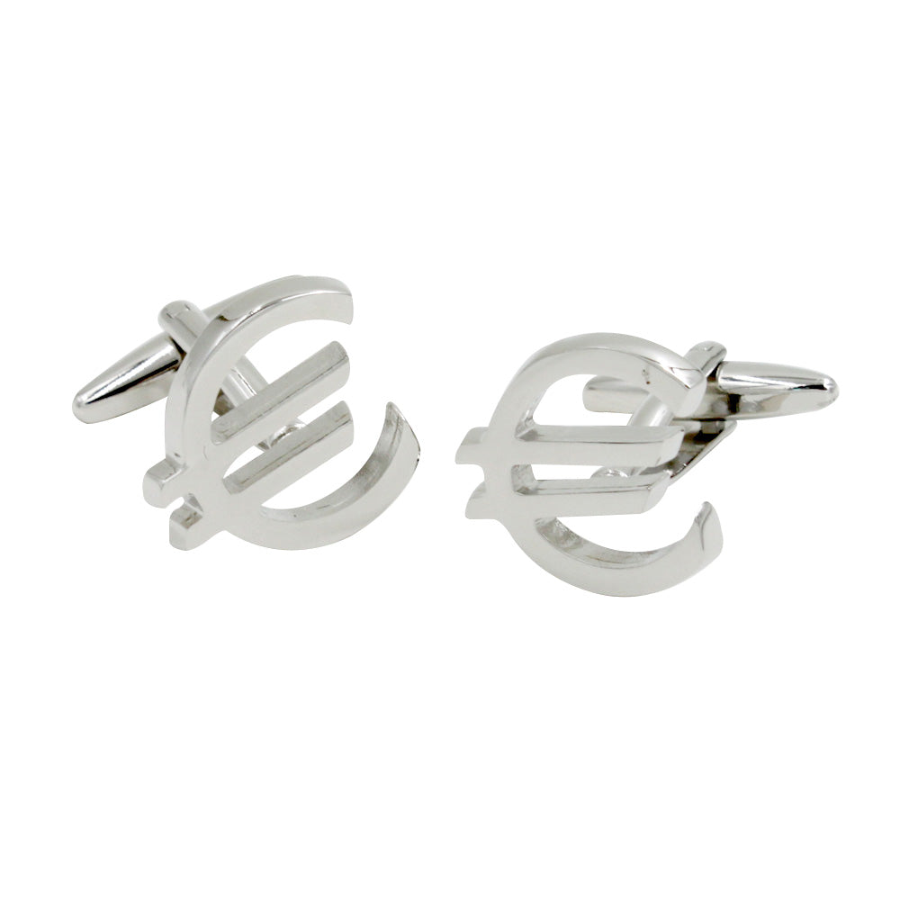 Euro Cufflinks are expertly crafted in polished silver, beautifully capturing the spirit of international trade. Designed in the iconic Euro (€) shape, they make a striking impression against a white background.