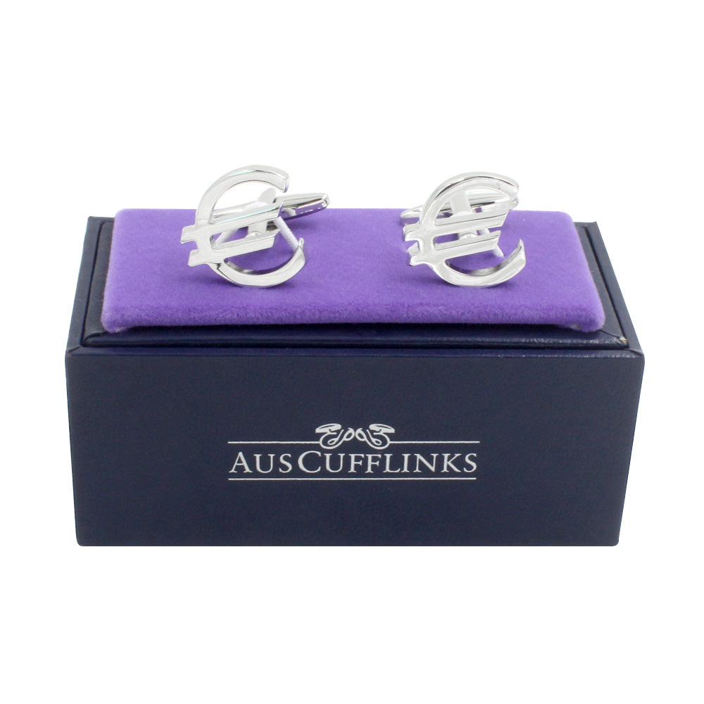 Euro Cufflinks, ideal for currency enthusiasts, are stylishly presented on a purple cushion within a sleek black AUSCUFFLINKS box.