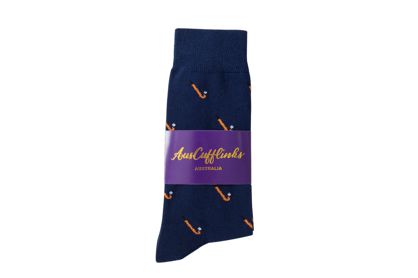 A single Field Hockey Sock in navy blue with an orange and white hockey stick pattern, made from moisture-wicking fabric, wrapped in a purple label that reads "AussCufflinks AUSTRALIA.