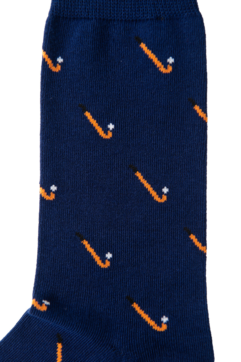 Field Hockey Socks in navy blue with moisture-wicking fabric, featuring a diagonal pattern of small orange pipes with white tips for a sporty style.