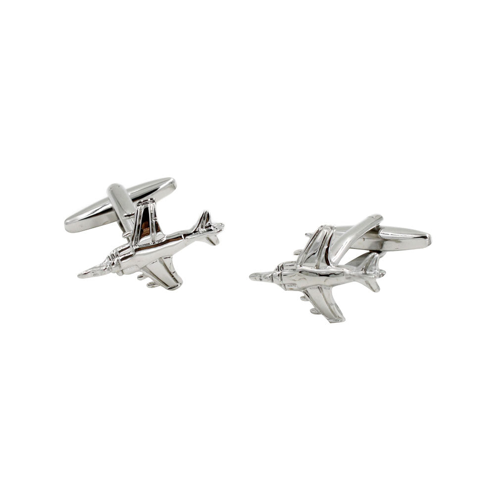 Against a white backdrop, Fighter Jet Cufflinks elegantly showcase sleek silver airplane designs, ideal for aviation enthusiasts.