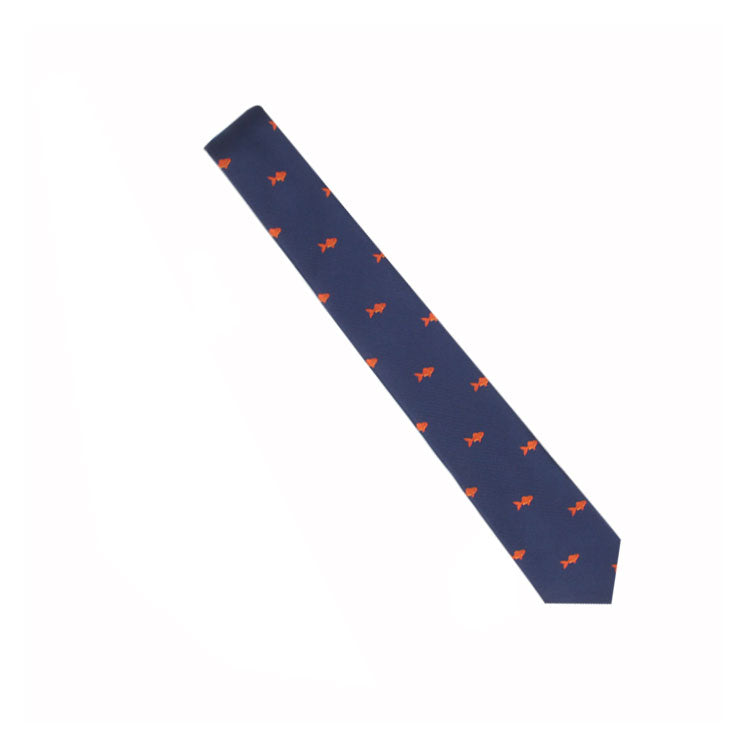 A navy blue Fish Pattern Tie with a pattern of small red fish, capturing an artistic charm and transforming it into an aquatic wonder.