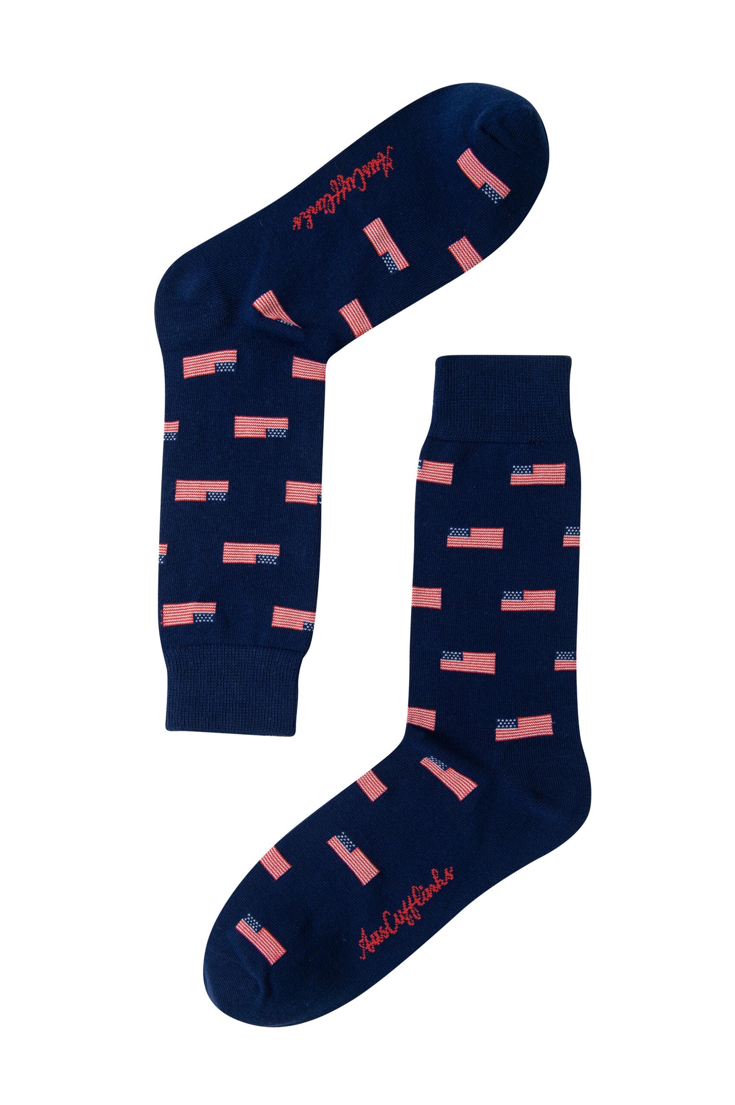 Navy USA Flag socks with a pink geometric pattern and stripes, featuring the "happy socks" logo.