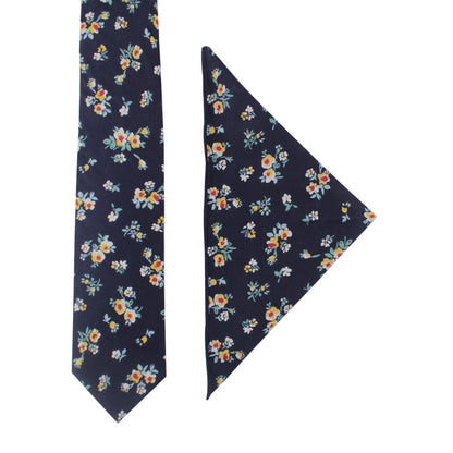 Floral Navy Yellow Skinny Cotton Tie and Pocket Square