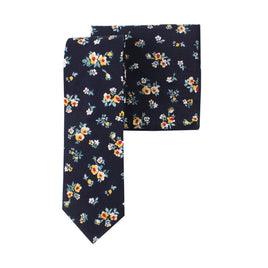 Floral Navy Yellow Skinny Cotton Tie and Pocket Square