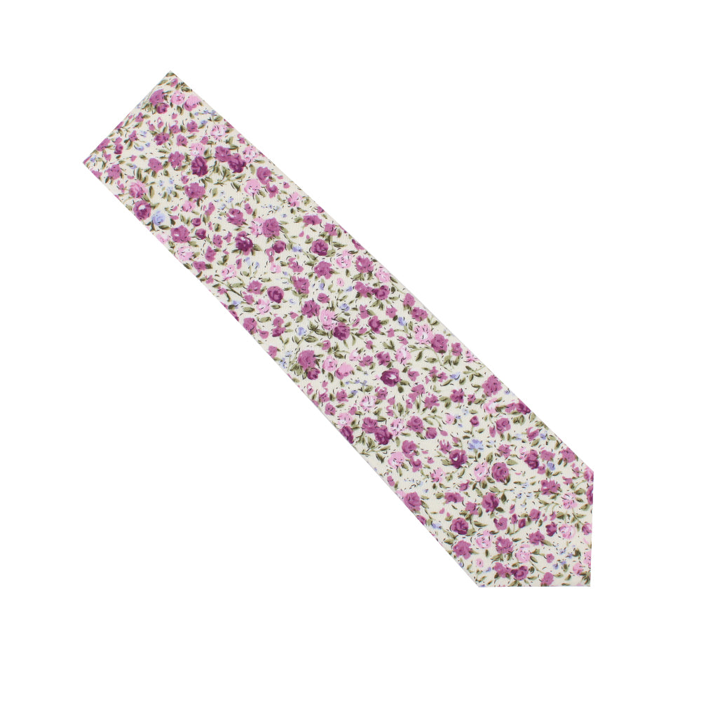 A Skinny Tie and Pocket Square Set with pink roses elegantly adorning a cotton background, exuding perennial charm.