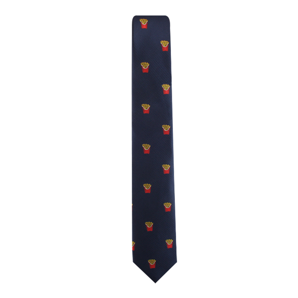 A Foodie Gift Tie in dark blue, featuring a chic pattern of small red French fry containers, exuding culinary sophistication.