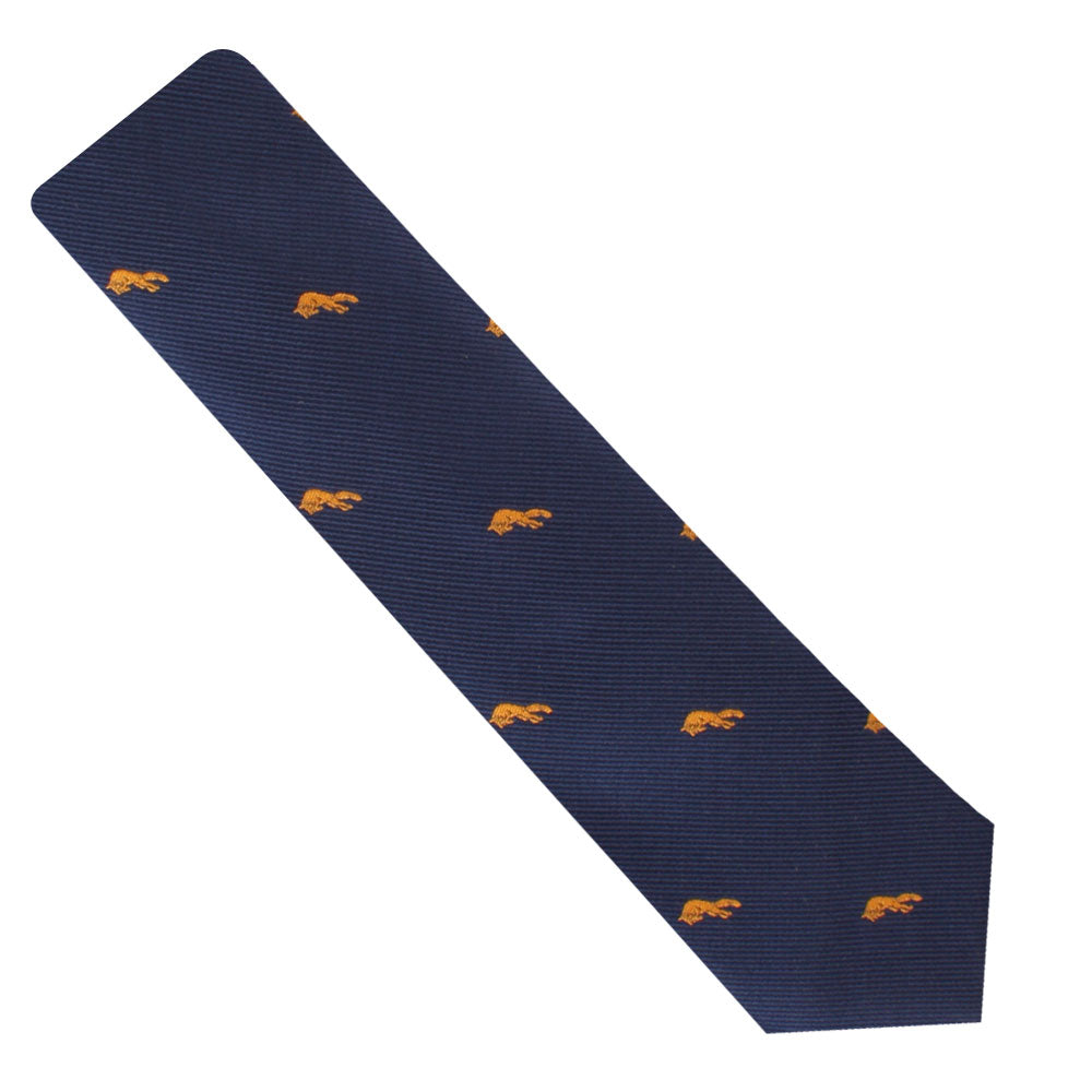 A navy blue Fox Necktie exudes a wild allure with its small, evenly distributed orange fox design.