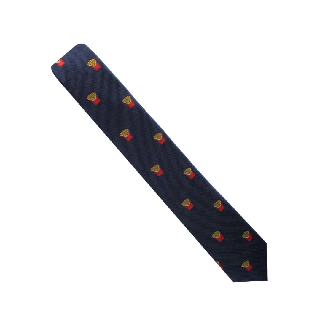 The French Fries Tie, featuring a navy blue background adorned with small, red, and yellow French fries containers, exudes modern sophistication and is a charming addition to any ensemble.