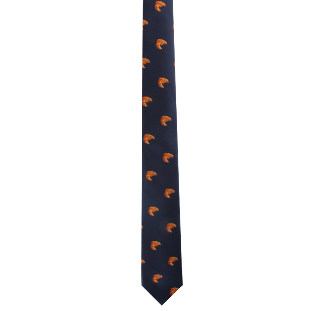 A French Pastry Tie with an orange cat on it, perfect for adding a pop of style to your daily fix.
