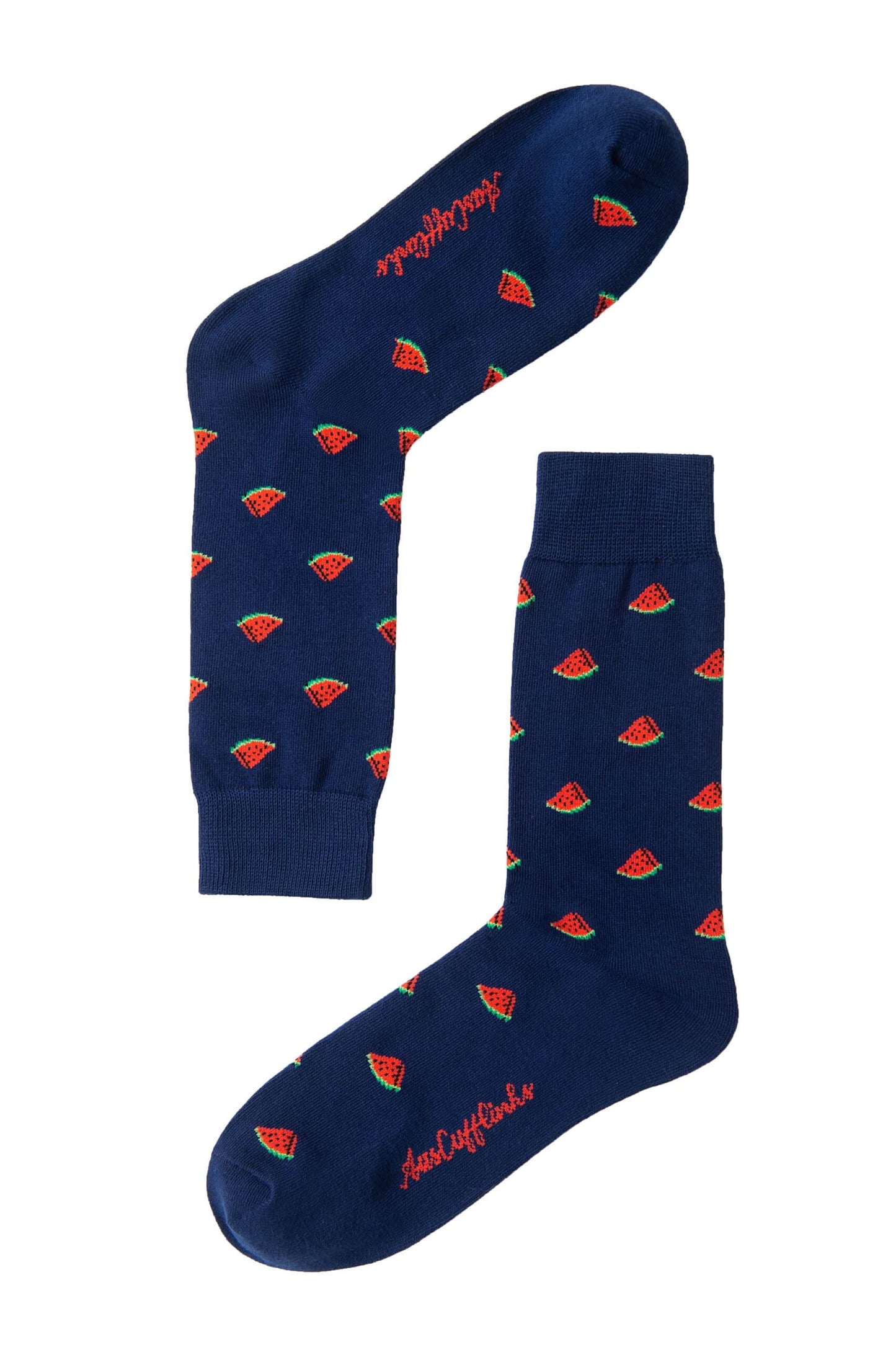 Add a playful twist to your wardrobe with Watermelon Socks—navy blue adorned with red watermelon slices and fun red cursive text. The perfect quirky gift for anyone who loves colorful accessories!.