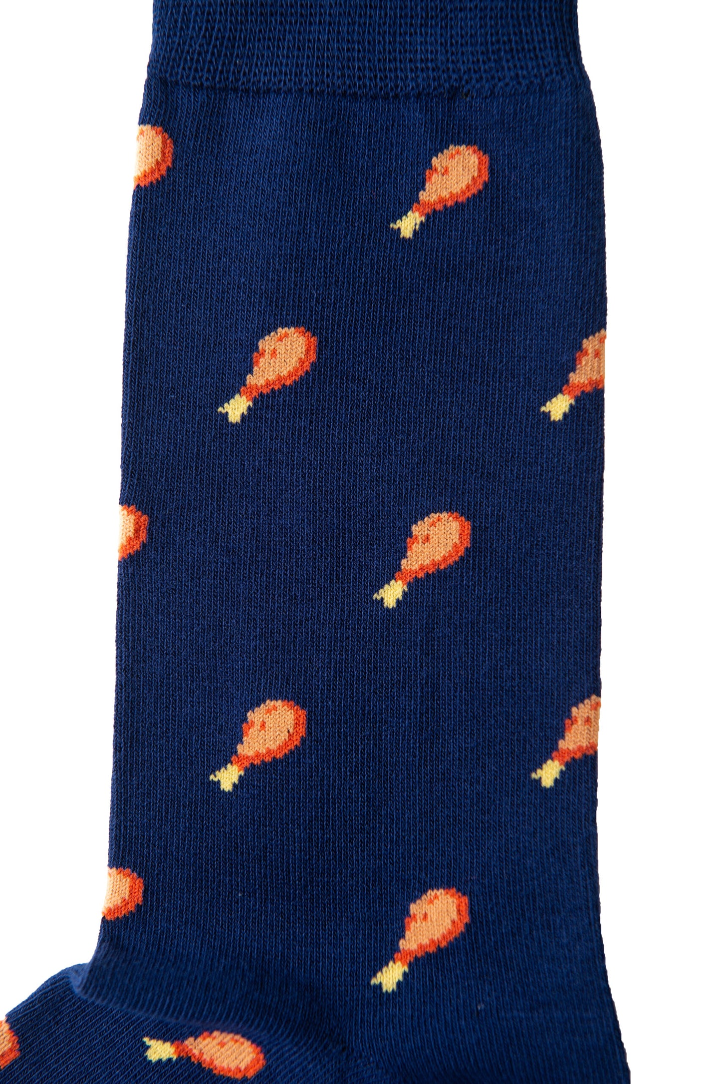 The Strawberry Cake Socks feature a delightful pattern of chicken drumsticks in vibrant orange and yellow on a blue background.
