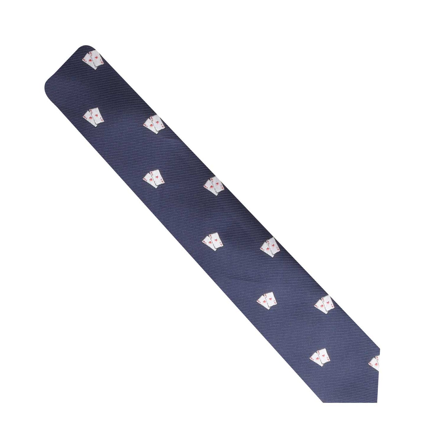 The Gambling Skinny Tie is a navy blue necktie adorned with a playful repeating pattern of white cards, showcasing red and black suits to elevate your style.