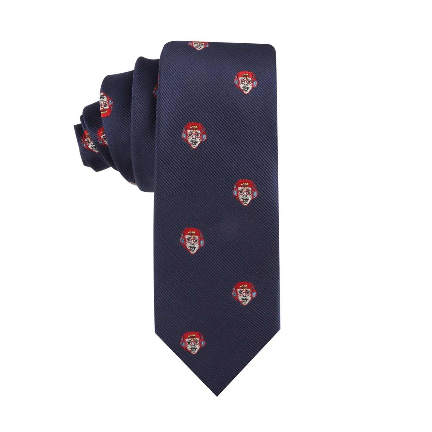The Gamer Face Slim Tie showcases red and white logos with a stylized face pattern on a navy blue background, designed to effortlessly enhance your fashion game.