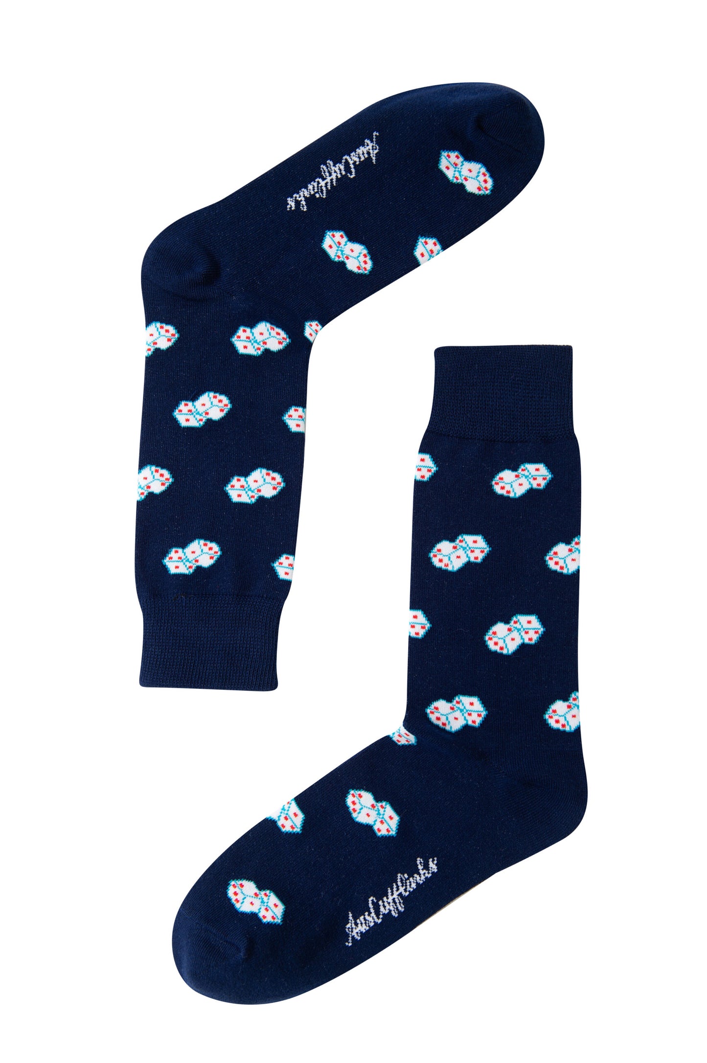 Dice Socks – Lucky Gift for Game Lovers: Navy blue socks featuring a repeating pattern of white dice with red and blue dots, displayed flat on a white background—ideal for board game and casino fans.