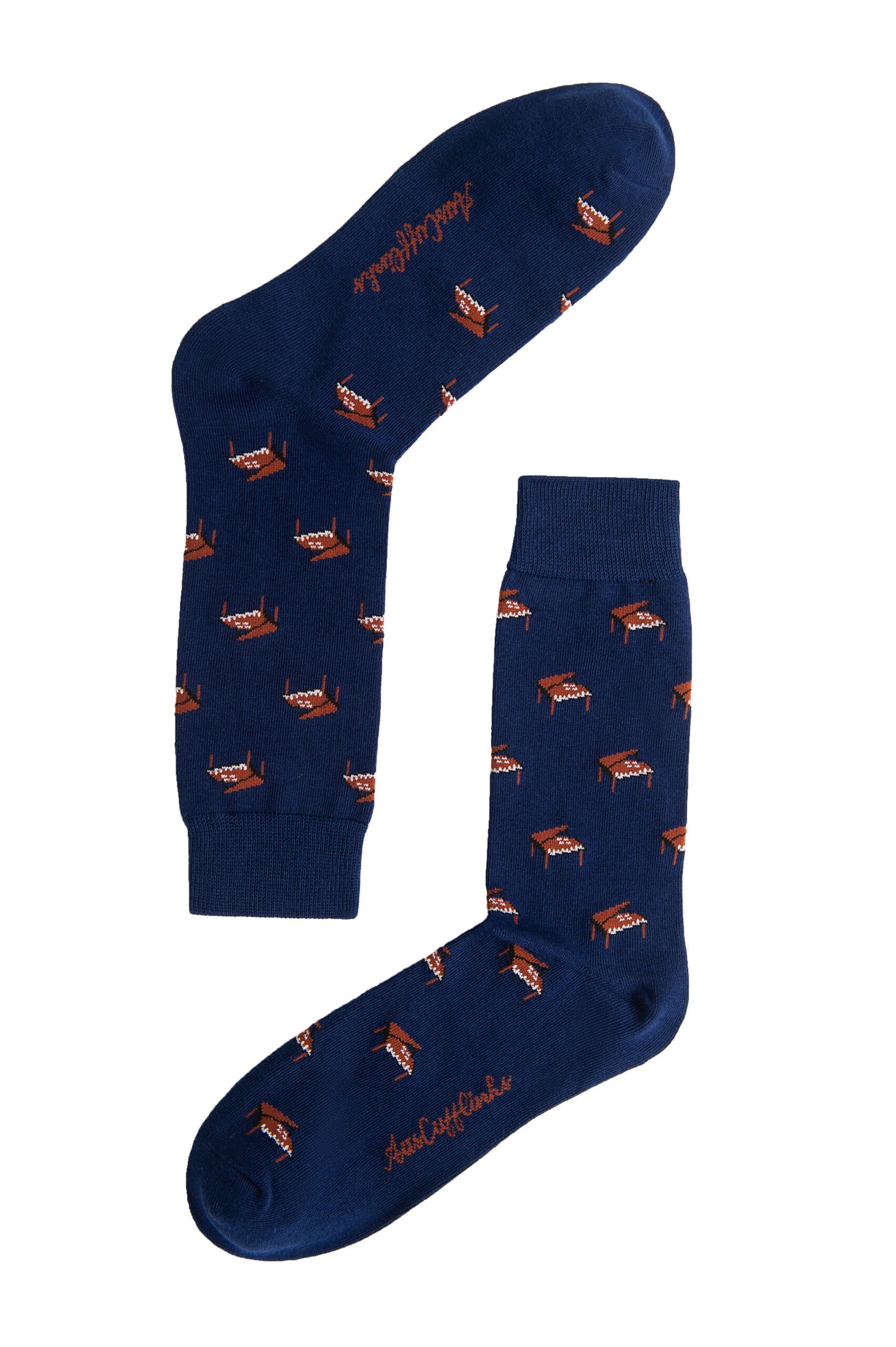 Piano Socks: Blue socks with a repeating pattern of brown desks and orange text near the toes—ideal gift for musicians.