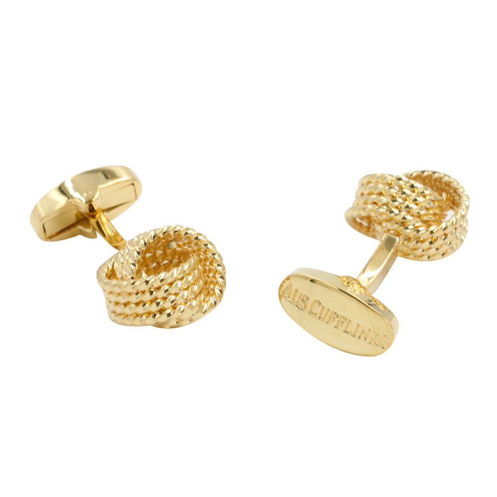The Gold Knot Premium Cufflinks feature a textured knot design, elegantly displayed on a white background, ideal for the discerning gentleman who values luxury.