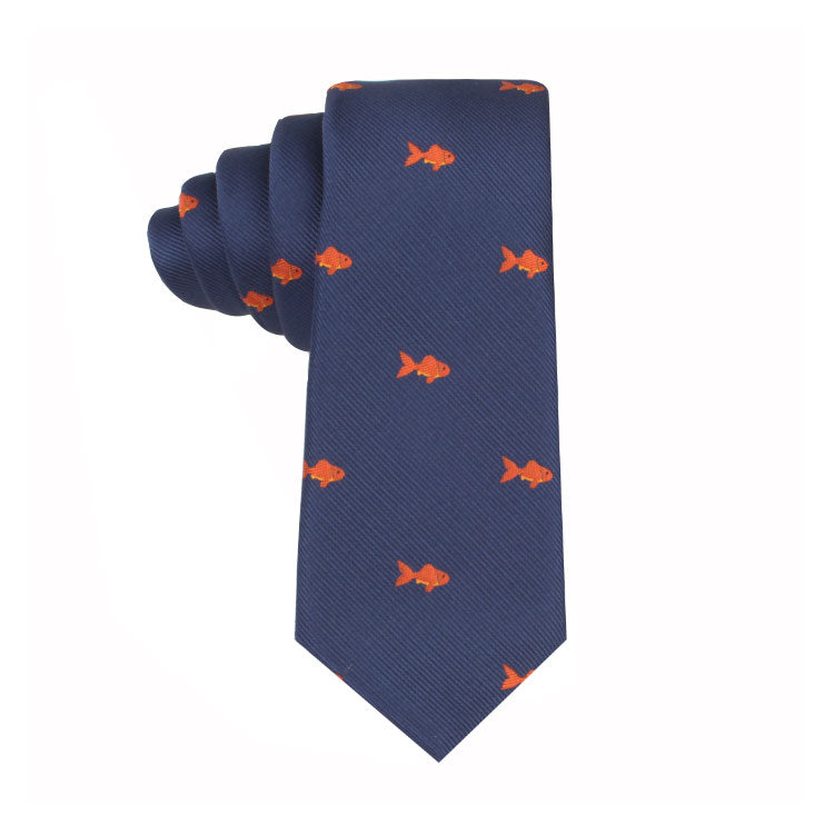 A Goldfish Thin Tie adds an artistic charm with its small orange fish patterns.