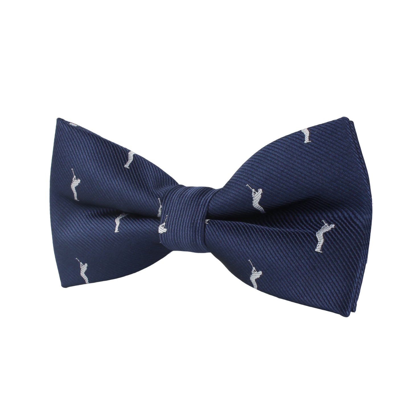 The Golf Swing Bow Tie features a dark blue base with white embroidered golfer silhouettes, making it the perfect accessory to add a touch of style to your wardrobe both on and off the green.