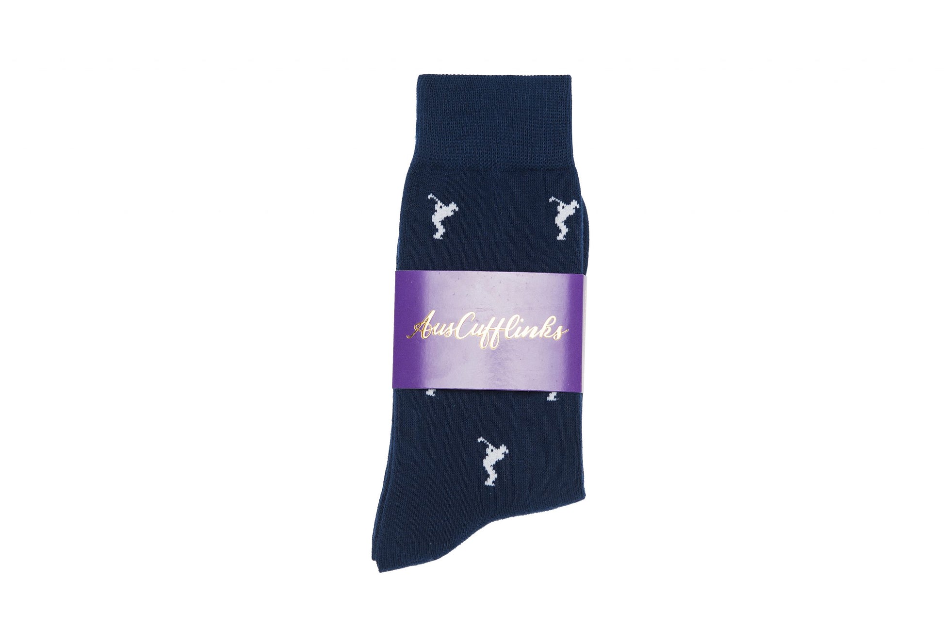 A navy Golf Swing Sock with a white horse on it, perfect for horse lovers or equestrians.