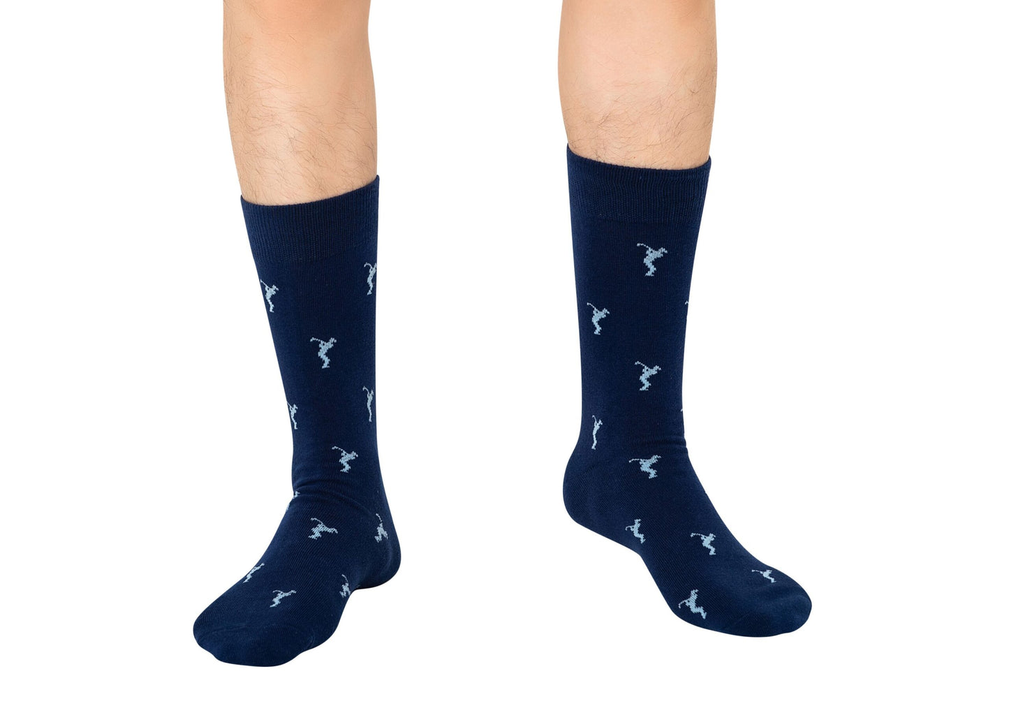A man wearing a pair of Golf Swing Blue Socks.