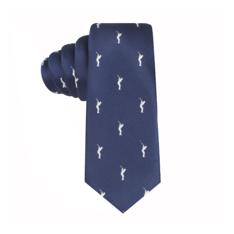 A Golf Swing Slim Tie with a pattern of small white golfer silhouettes, showcasing a golf motif for those with a love for the game.