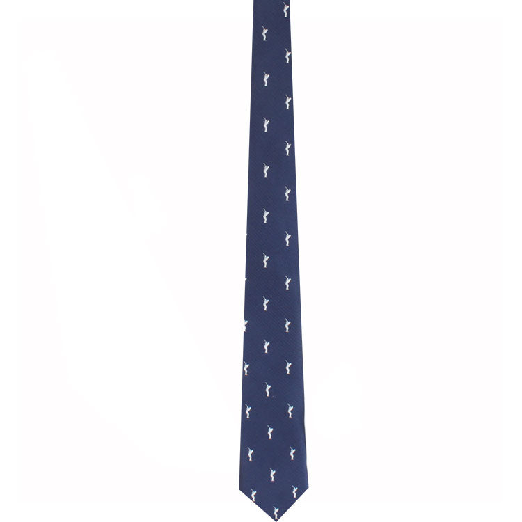 A navy blue Golfer Skinny Tie with a pattern of small white embroidered figures, featuring a subtle golf motif.