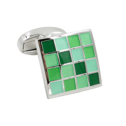 A pair of Coral Green Cufflinks with polished finish and green squares, exuding Tropical elegance.