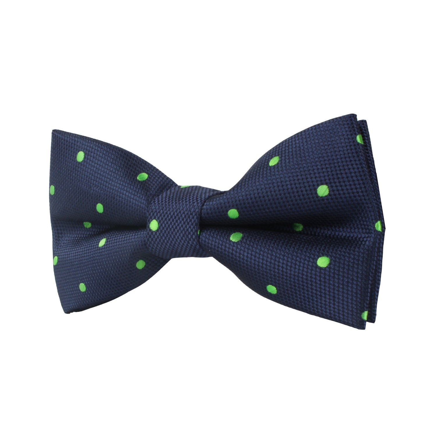 The Green Polka Dot Bow Tie exudes speckled elegance with its navy blue base adorned in lush green polka dots.