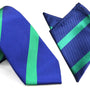 The Navy Green Stripe Business Tie & Pocket Square Set exudes a sophisticated appeal against a crisp white background.
