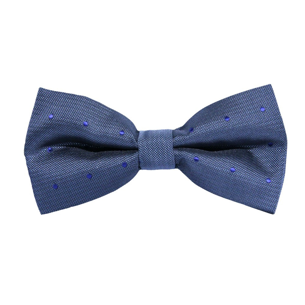 The Grey Navy Polka Dot Bow Tie is an elegant, pre-tied microfibre accessory adorned with small blue polka dots on a crisp white background, perfect for adding sophistication to any outfit.