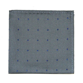 The Grey Navy Polka Dot Pocket Square, with its gray fabric adorned with evenly distributed small blue dots, adds elegance to any outfit. This men's fashion accessory brings a sophisticated touch to your ensemble.