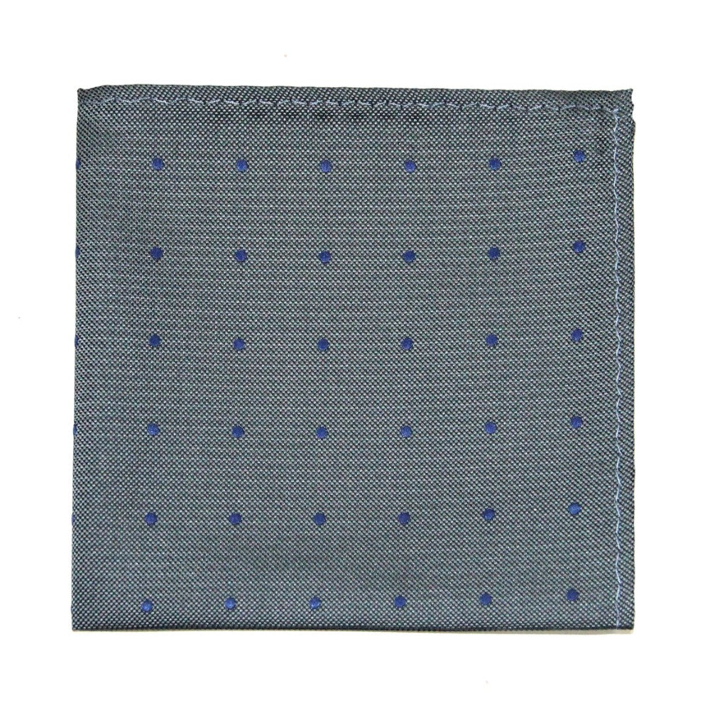 The Grey Navy Polka Dot Pocket Square, with its gray fabric adorned with evenly distributed small blue dots, adds elegance to any outfit. This men's fashion accessory brings a sophisticated touch to your ensemble.