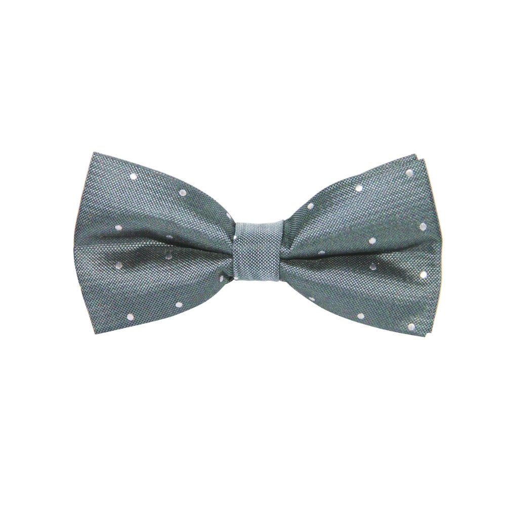 The Grey White Polka Dot Bow Tie is a stylish pre-tied accessory, crafted from microfiber.