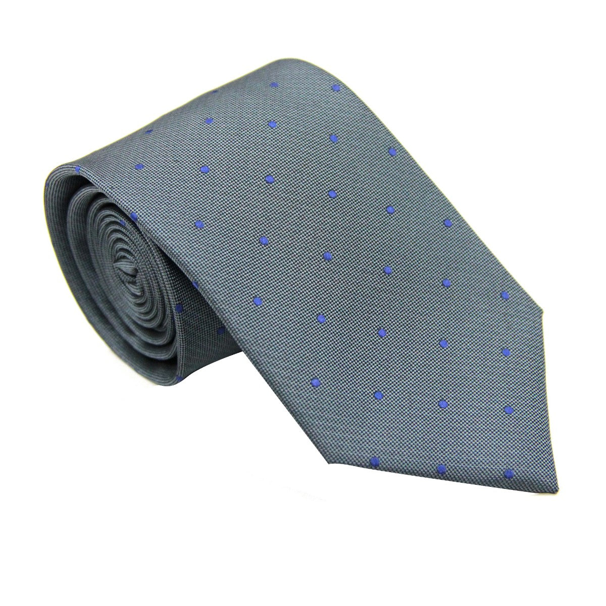 The Grey Navy Polka Dot Business Tie & Pocket Square Set features a sophisticated grey necktie with small blue polka dots, ideal for any business occasion.