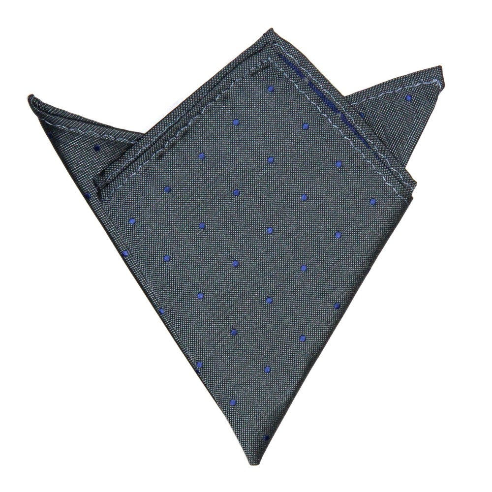 A neatly folded pocket square from the Grey Navy Polka Dot Business Tie & Pocket Square Set, featuring dark gray fabric with small blue polka dots, perfectly complements a matching tie, showcased on a white background.
